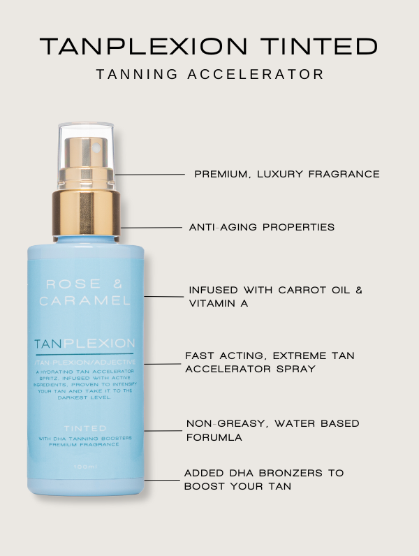 tanplexion tanning accelerator, rapid tan accelerator, carrot oil, tan accelerator spray, extreme tan, fast acting, water based, tinted tanning accelerator