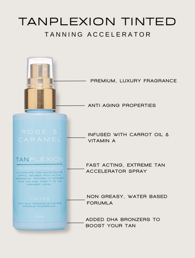 tanplexion tanning accelerator, rapid tan accelerator, carrot oil, tan accelerator spray, extreme tan, fast acting, water based, tinted tanning accelerator